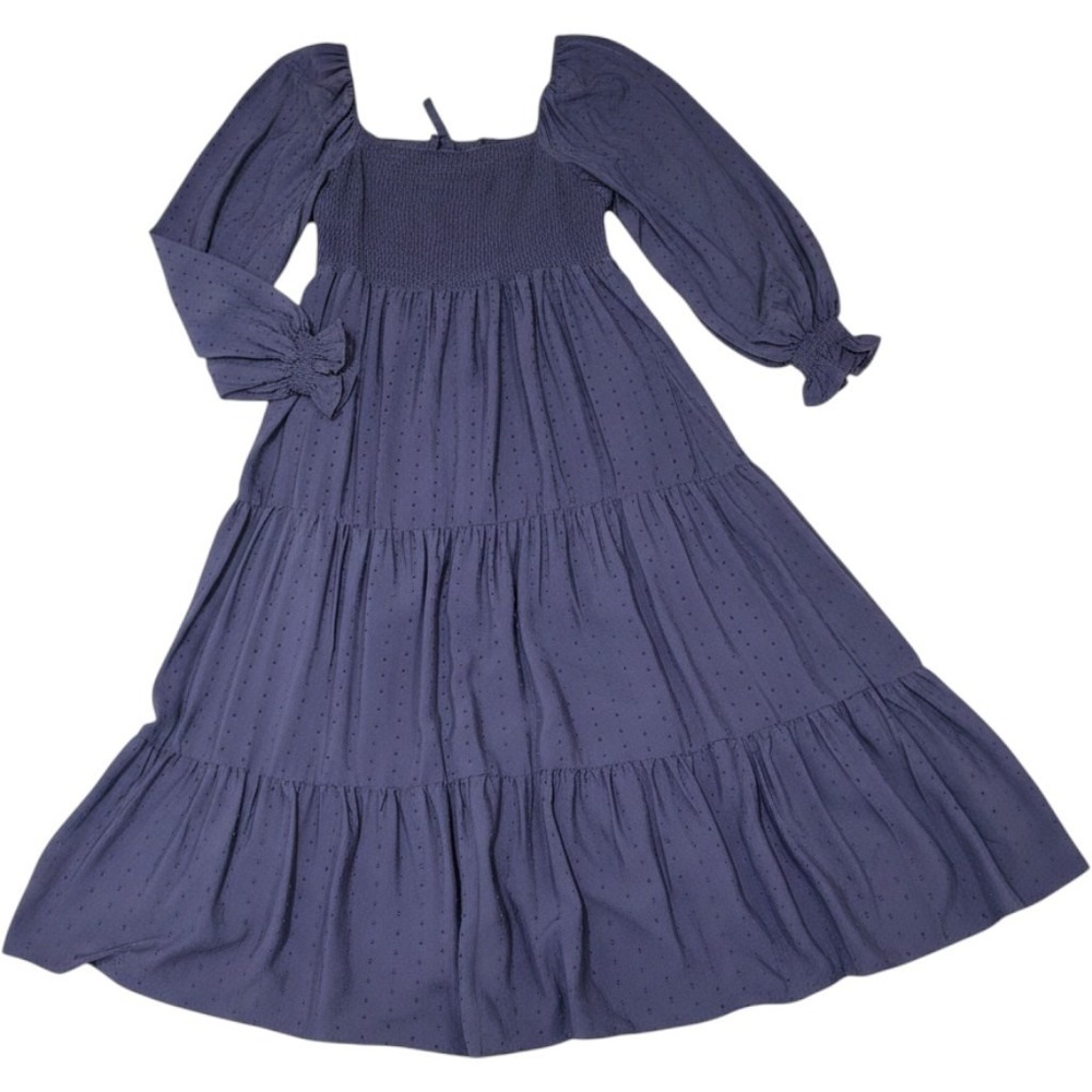 Penelope Rose Dress Blue Swiss Dot Smocked Tie Open Back Tiered Maxi XL Boho